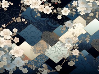 紺色のパッチワーク風花の和柄