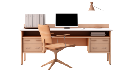 A desk with a computer chair lamp and some office supplies against a transparent background
