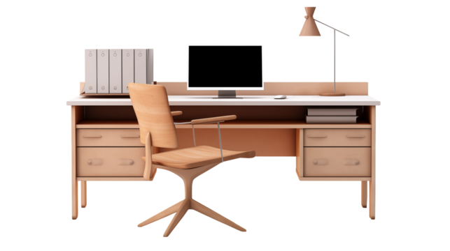 A desk with a computer chair lamp and some office supplies against a transparent background