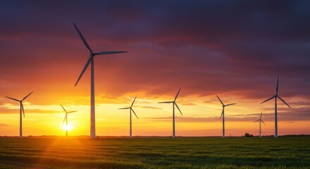 Wind turbines in green fields at golden sunset, clean energy landscape, dramatic sky.