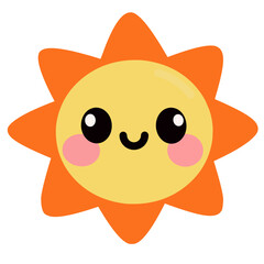 Adorable kawaii-style sun with smiling face and blushing cheeks. Perfect for summer-themed designs, kids' graphics, t-shirts, posters, and seasonal digital art. Vector flat illustration.