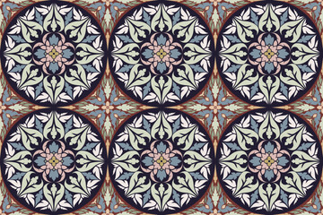 Traditional Thai art seamless floral circle pattern in  damask style motifs suitable for tile, textile, wallpaper, cloth, curtain and fabric design isolated illustration vector archive EPS file.