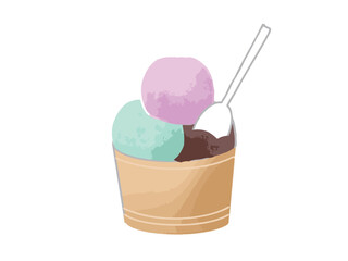 Illustration of cups filled with chocolate, mint chocolate and strawberry ice cream