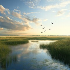 Obraz premium Birds flying above a peaceful marshland ecosystem in spring --