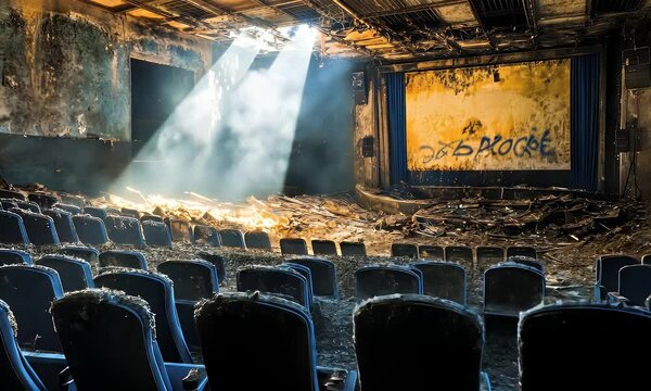 Abandoned theater interior with light rays shining