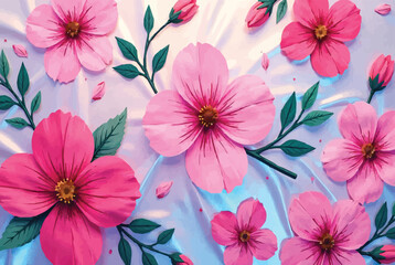 Digital artwork of soft pink watercolor-style flowers and green leaves on a subtly blue-tinted, flowing white background.
