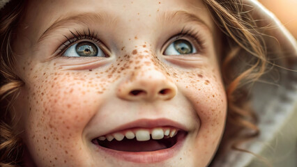 Fototapeta premium Close Up Portrait of Freckled Girl with Hood Smiling Upward Bright Eyes Teeth Visible