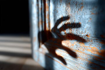  A wooden door opens slightly as a hand reaches in, casting soft shadows and inviting golden light into the scene. Mystery and serenity blend in this minimal frame.
