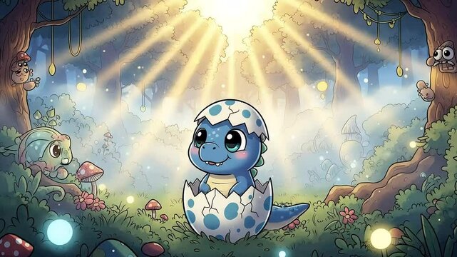 Cute cartoon baby t-rex blue color cracked from the egg happily