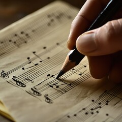 Hand writing music notes on a staff paper with a pencil -