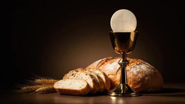 Bread and wine in chalice with Eucharistic host on table  