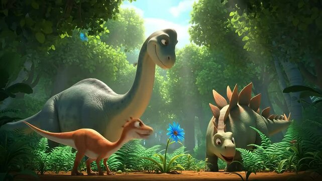 Funny cartoon baby dinosaur illustration in the wild nature zoo