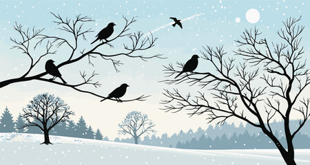 Snowy winter scene with birds on a tree branch, a beautiful nature illustration