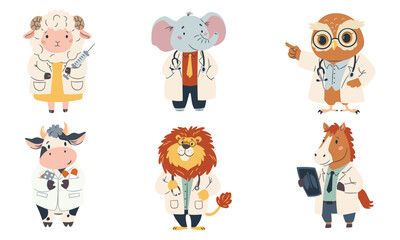 Set of flat vector illustrations. Cute animals in doctors costume. Lion elephant cow owl horse and sheep in white coats. . Vector illustration