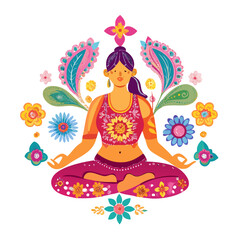 Woman meditating in lotus position with floral design