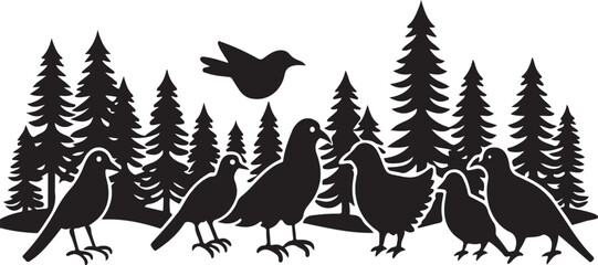 Set of vector tree silhouettes with flying bird and farm animal designs