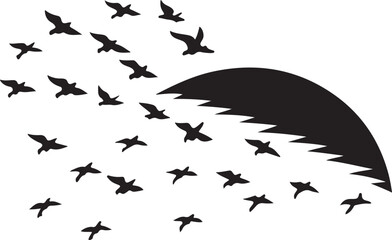 Flying bird and seagull silhouettes illustrate a flock in nature, with wings outstretched against the sky