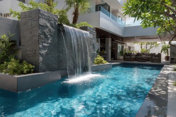 Granite Waterfall Feature with Flowing Water into Blue Pool, Modern Outdoor Design with Natural Texture and Tropical Ambiance.