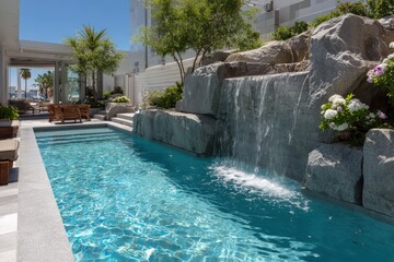 Corner waterfall and blue pool in tranquil courtyard oasis with lush greenery.luxury outdoor design and greenery.