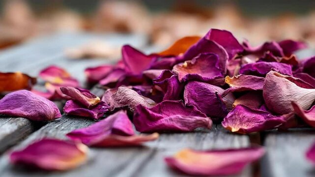A close-up of scattered purple rose petals on a wooden surface, with some dried leaves in the background.