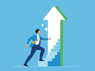 Businessman Climbing Arrow Toward Success – Career Growth and Achievement Vector Illustration