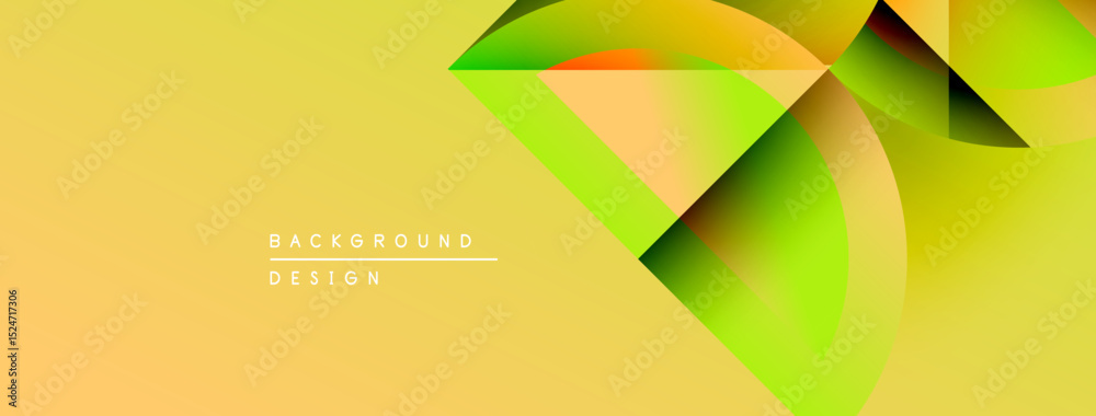 Poster abstract geometric shapes overlap, creating vibrant gradients. yellow background complements green, 
