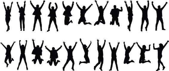 Vector illustration of jumping people silhouettes, energetic crowd, happy celebration pose, black isolated figures, success, freedom, joy, and excitement