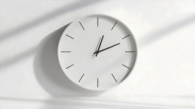 A minimalist wall clock with a white face and black hour and minute hands.