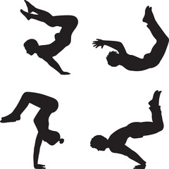 Silhouette collage of people performing various yoga and acrobatic poses on a white background