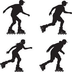 Four black silhouettes of people on roller skates in various poses on a white background image