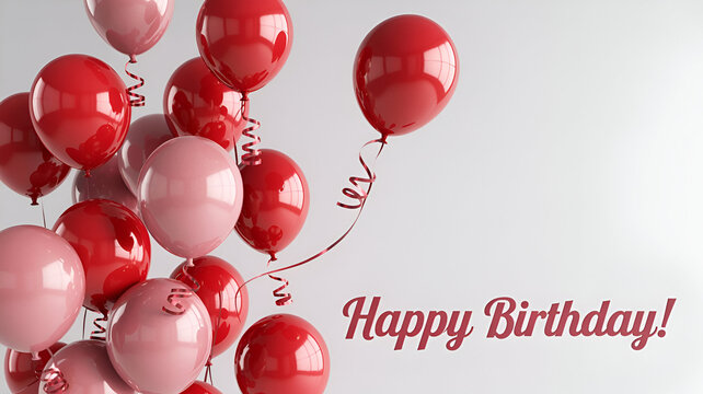 Vibrant Studio Shot of Red and Pink Glossy Balloons with Curly Ribbons on a White Background &ndash; Perfect for Celebrations, Valentine's Day, Birthdays, and Party Designs