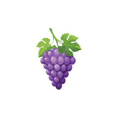 A bunch of cartoon purple grapes dangles downward topped with bright green leaves on short vines