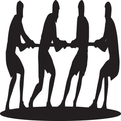 Silhouette of four men participating in a tug of war competition on a white background image scene