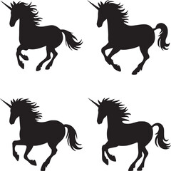 Four unicorn silhouettes in various running poses isolated on a white background in a grid pattern