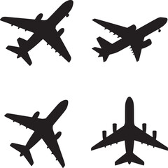 Four black airplane silhouettes in various flight positions on a white background illustration design