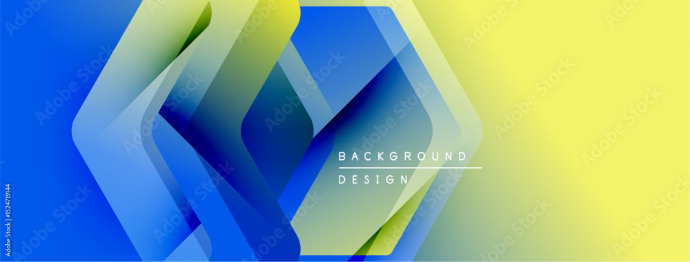 Poster Abstract geometric shapes, blue, yellow gradients. Modern design elements create dynamic visual texture. Background features layered forms.