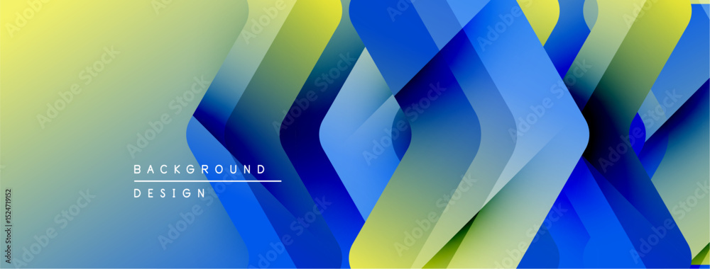 Poster Abstract geometric design. Blue, yellow gradients create dynamic layered shapes. Modern background suitable for digital projects.