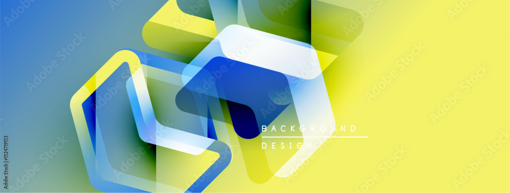 Poster abstract geometric shapes overlap, creating vibrant gradient background. yellow, blue, green hues do