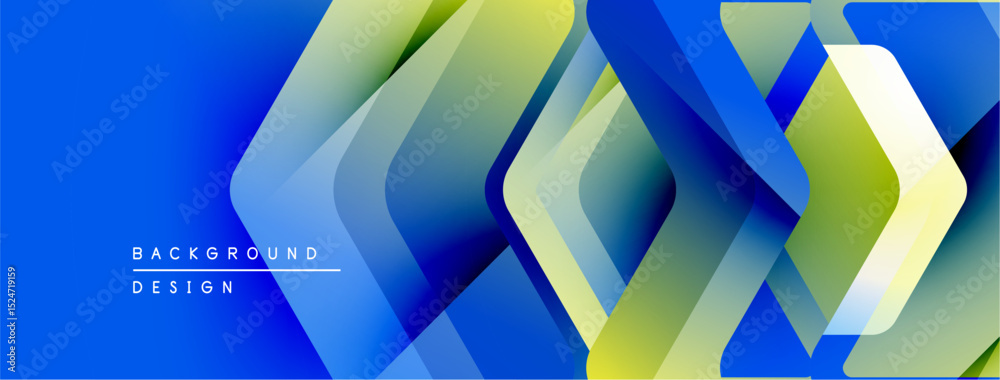 Poster abstract geometric shapes overlap, creating vibrant blue, green gradients. modern design suggests te