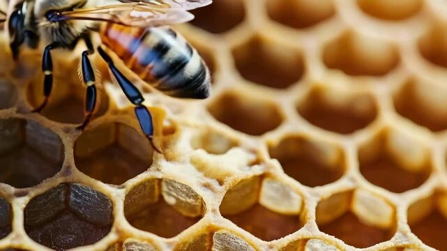 A close-up of a bee on a honeycomb, showcasing the intricate hexagonal patterns and the bee&rsquo;s detailed features.