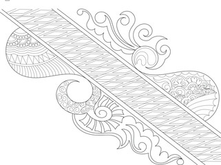 Intricate Henna Design Line Art, Detailed black and white line art illustration of a traditional henna or mehndi design featuring paisley elements, swirls, geometric patterns, and decorative motifs. 