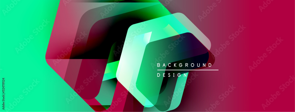 Poster abstract geometric shapes overlap. vibrant green, purple, teal gradients create modern design. text 