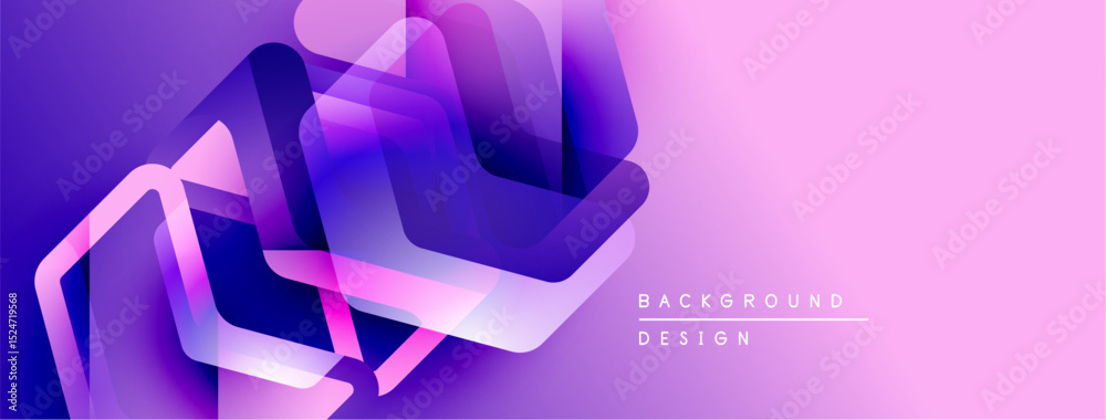 Poster abstract geometric shapes overlap, creating vibrant purple gradient background. modern design elemen