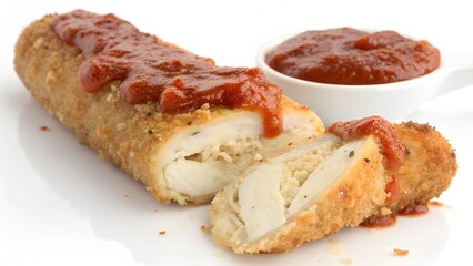 Cut Chicken Parm Stick with Marinara Sauce on White Background