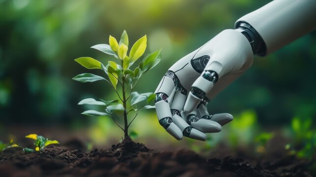 A robotic hand planting a tree, representing the future of AI-driven sustainable industry