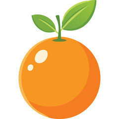 An illustration of an orange fruit with two green leaves attached to a green stem There are two white spots on the orange