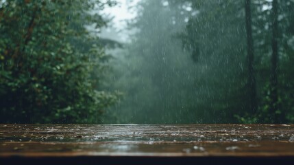 Fototapeta premium A natural scene of rainfall hitting a wet wooden surface in the foreground, with raindrops visibly falling against a soft-focused background of dense green forest.