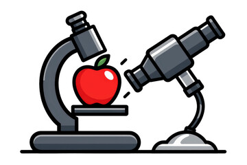 a simple flat 2d icon representing 'food science', with a simple, stylized apple icon being viewed under a large microscope, minimalist design, solid red and gray colors, clean sharp lines