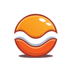 Cartoonstyle orb with orange segments separated by a curved white line resting on a dark shadow