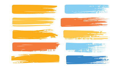 Fototapeta premium Ten textured horizontal brush strokes of yellow orange blue are arranged in two columns against a white background